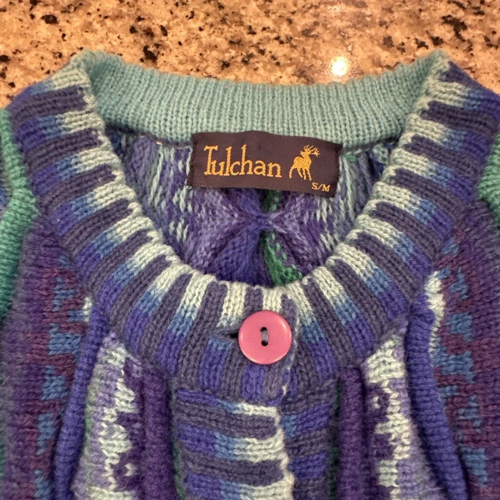 Vintage 90s Tulchan Cardigan Blue Wool Oversized Coogi S/M Unisex‎ Festival Ugly